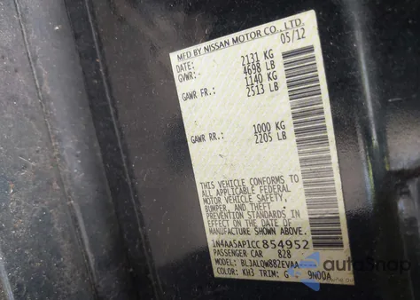 2012 Nissan Maxima 3.5 S z USA, uszkodzony, nr VIN 1N4AA5AP1CC854952